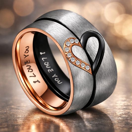 Rose Gold & Black Heart Promise Ring Set